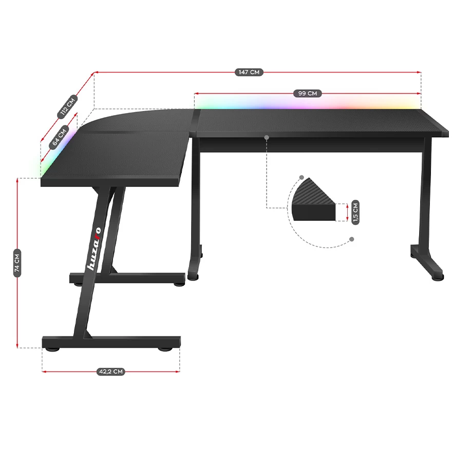 Jeftino povoljno TRGOVACKA ROBA - Huzaro Hero 6.0 Crni RGB Ugaoni Gaming sto