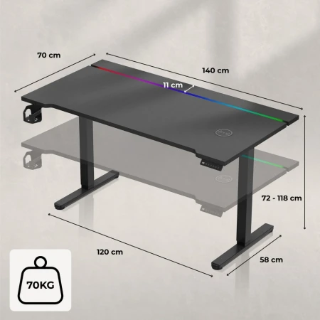 Huzaro Hero 8.7 Crni RGB Električni podesivi sto 140x70cm