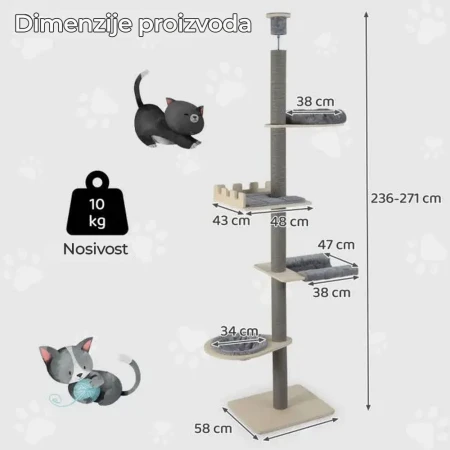 Maca Toranj grebalica i penjalica za mačke do plafona 271cm Siva